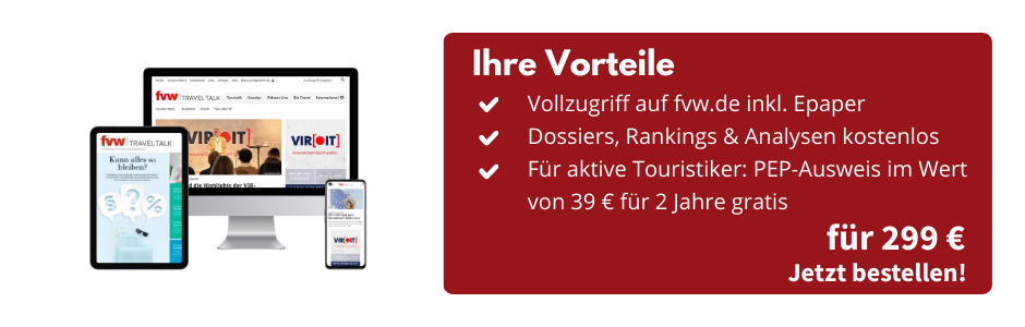 Tablet, PC-Bildschirm und Smartphone mit fvw|TravelTalk Magazin und fvw.de-Homepage. Daneben eine Infobox: Ihre Vorteile, Vollzugriff auf fvw.de inkl. Epaper, Dossiers, Rankings und Analysen kostenlos, für aktive Touristiker: PEP-Ausweis im Wert von 39 € für 2 Jahre gratis, für 299 €, jetzt bestellen!