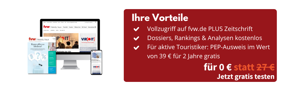 Foto einer Zeitschrift der fvw|TravelTalk, eines PC-Bildschirm und eines Smartphones mit Ansicht des Epapers der fvw|TravelTalk und der Homepage. Daneben eine Infobox: Ihre Vorteile, Vollzugriff auf fvw.de PLUS Zeitschrift, Dossiers, Rankings und Analysen kostenlos, für aktive Touristiker: PEP-Ausweis im Wert von 39 € für 2 Jahre gratis, für 0 € statt 27 €, jetzt gratis testen