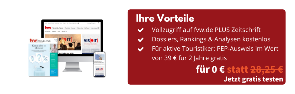 Foto einer Zeitschrift der fvw|TravelTalk, eines PC-Bildschirm und eines Smartphones mit Ansicht des Epapers der fvw|TravelTalk und der Homepage. Daneben eine Infobox: Ihre Vorteile, Vollzugriff auf fvw.de PLUS Zeitschrift, Dossiers, Rankings und Analysen kostenlos, für aktive Touristiker: PEP-Ausweis im Wert von 39 € für 2 Jahre gratis, für 0 € statt 28,25 €, jetzt gratis testen