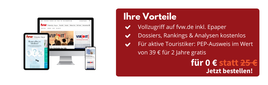 Tablet mit Epaper der fvw|TravelTalk, daneben ein PC-Bildschirm und ein Smartphones mit Ansicht des Epapers der fvw|TravelTalk und der Homepage fvw.de. Daneben eine Infobox: Ihre Vorteile, Vollzugriff auf fvw.de inkl. Epaper, Dossiers, Rankings und Analysen kostenlos, für aktive Touristiker: PEP-Ausweis im Wert von 39 € für 2 Jahre gratis, für 0 € statt 25 € , jetzt bestellen!